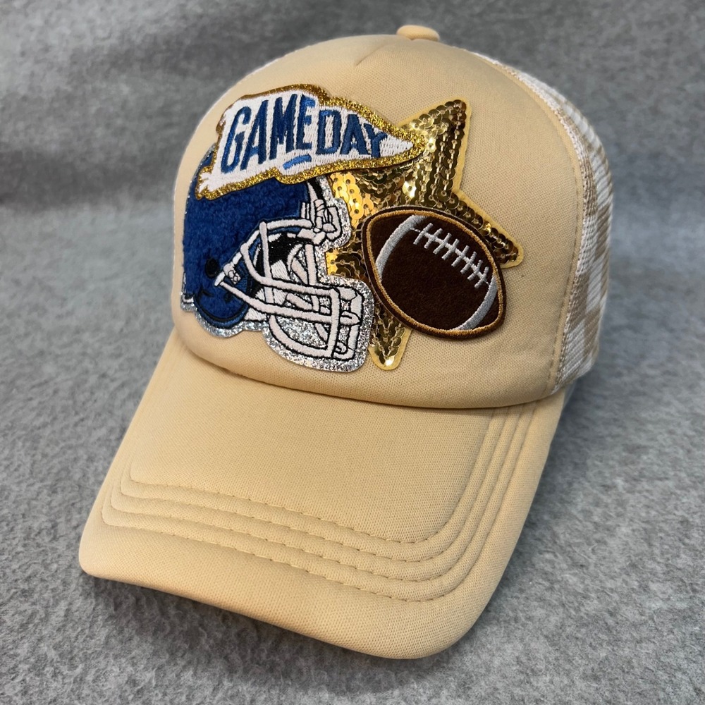 Game Day Football Women Tan Unbranded Trucker Hat Sequin Patch Mesh Snapback OS